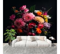 ChrysanthèMes Et Roses Peints Papier Peint Photo Intissé Poster Murale Papier Peint 300x210 cm Coloré Fresque Murale Anti-poussière, Idéal pour Rénovation ou Décoration Personnalisée