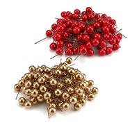 CHSEROK 200 Pièces Baies Artificielles, 10mm Faux Fruits Décoratifs, pour Noël Decoration, Décoration Vacances, Support pour Sapin de Noël Artificiel (Rouge et Or)