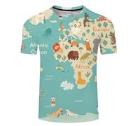 CHSLO Hommes 3D Imprimé T-Shirts Carte du Monde D'Été Unisexe T-Shirt Imprimé en 3D Col Rond Manches Courtes pour Hommes Lâche Printemps Et Automne Stretch Respirant Haut De Sport À Manches Mi-Longu