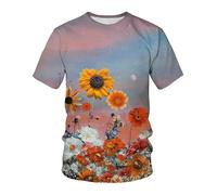 CHSLO Hommes 3D Imprimé T-Shirts T-Shirt Unisexe Imprimé Numérique 3D avec Plantes D'Été, Fleurs Et Oiseaux, Col Rond, Manches Courtes, Extensible, Demi-Manches, Pull-Over