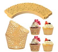 Chstarina 50 Pièces Cupcake Wrappers en Papier, Caissettes à Cupcakes en Dentelle, Cupcake Toppers Décoration de Cupcakes, Muffins, Gâteaux pour Mariage, Anniversaire, Baby Shower, Fête (Or)