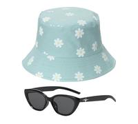 CHSZSH 1 Chapeau Bob Fleuri, 1 Paire De Lunettes De Soleil, Chapeau Bob Plat Imprimé, Chapeau Bob Artistique, Chapeau Bob Réversible, Chapeau De Plage Pliant, Ensemble De Protection Solaire