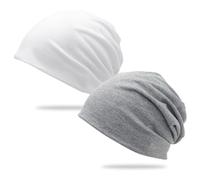 CHUANFU 2 Pièces Bonnets de Nuit Léger Unisexe Slouchy, Bonnet Chimio Femmes, Fin Skull Bonnet Homme, pour Dormir Courir Chimiothérapie et Casque (Blanc et Gris Clair)