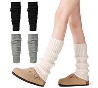 CHUANFU 3 Paires Leg Warmers Tricotées pour Femme, Jambiere Longues en Crochet, Chaussettes Longues Tendance, Genouillères Chaudes Hiver, Guêtres de Jambe pour Ballet Danse Yoga (Noir, Blanc, Gris)