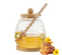 CHUANFU 500 ml Verre Pot a Miel avec Cuillère, Distributeur de Mielle | Pot à Miel à Large Ouverture avec Couvercle en Bois pour Stockage de Confiture, Sirop D'érable pour Café Bar Maison Cuisine