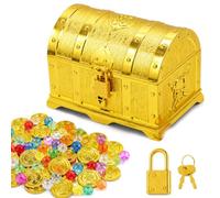 CHUANFU Coffre Au Tresor Doré avec Serrure corations de Pirates | 50 Pièces d'Or pour Enfants et 100 Pierres Précieuses, Cadeaux d'Anniversaire, Coffre Pirates Enfant pour Ranger et Décorer