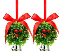 Chuangdi Lot de 2 Boules de gui artificielles à Suspendre avec nœuds et Cloches pour décoration de fête de Noël, 12,7 cm