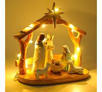 CHUANGLI Crèche de Noël avec lumières LED - Crèche d'intérieur avec mangeoire, figurines et histoire - Décorations de Noël festives
