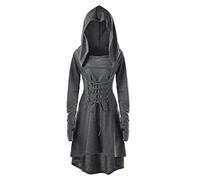 chuangminghangqi Femme Costume Renaissance Gothique Robe Lacer Médiévale avec Capuche Manche Longues Rétro Cosplay Carnaval Halloween (Gris, L)