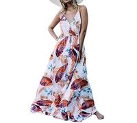 chuangminghangqi Femmes Fleurs Robe de soirée Longue Robe de Plage d'été sans Manches Bandeaux Imprimee Party Soirée Cérémonie (Blanc-Rouge, M)