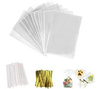 CHUANGOU 200 Pcs Sachet Bonbon Transparent + 200 pcs Liens Torsadés + 200 Pcs Bâtons de Sucette,pour Biscuit Bonbons Bijoux Chocolats Cadeau.(8X11.5cm)