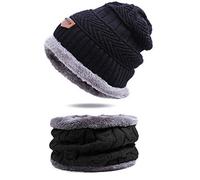 CHUANGOU Bonnet Bonnet Echarpe,Bonnet Chapeau Tricot Beanie Thermal Hat Cercle Echarpe Echarpe en Tricot chaud pour Hommes Femmes (noir)