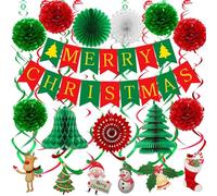 Chuankefanxing Décorations de Noël, Décorations de Noël, 24 pcs Christmas Decorations Banner Set, Reusable Merry Christmas Paper Banner with Swirl Streamers Pom Poms Paper for Indoor Decoration