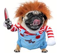 Chucky Costume pour chien avec couteau, perruque, costume de pirate effrayant, pour animal de compagnie, poupée mortelle - Costume amusant pour Halloween, chien - Réglable - Pour animaux de compagnie,