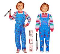 Chucky Costume pour enfant Combinaison Chucky avec couteau autocollant pour Halloween, carnaval, tueur d'horreur, cosplay, garçons et filles (Chucky avec masque, 130 cm)