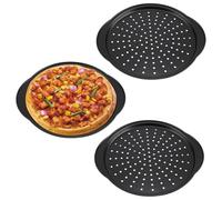 CHUENHEI Plaque à Pizza Four - Lot de 3 Plaques à Pizza Rondes Perforées 32 cm - Acier au Carbone Antiadhésif Noir - Pour Four, Cuisine, Pizzeria Maison, Tartes Flambées