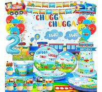 Chugga Chugga Lot de 95 décorations de fête d'anniversaire pour 2e anniversaire avec assiettes, nappes, bannières, ballons, décorations de gâteaux, etc
