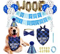 CHUKCHI Fournitures de fête d'anniversaire pour chien, bandana pour chien, banderole avec ballons WOOF « Happy Birthday », bandana bleu en coton pour animal domestique, 61 x 40,6 cm, bleu et fête