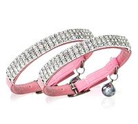 CHUKCHI Lot de 2 colliers réglables en velours doux avec strass et clochettes, 28 cm pour petits chiens et chats (rose)