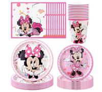 CHUKUA 50 Pièces Kit Anniversaire Minnie, Vaisselle Anniversaire Minnie, Gobelet, Assiettes, Serviettes en Papier, Deco Anniversaire Fille Rose pour 10 Personnes