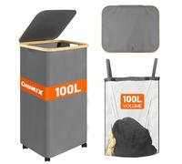 Chumix Panier a Linge avec Couvercle, 100 L Corbeille a Linge sur Roues, Bac a Linge Pliable avec Poignées en Bambou, pour Chambre, Salle de Bain, Buanderie (crème) (Gris)