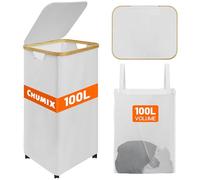 Chumix Panier a Linge avec Couvercle, 100 L Corbeille a Linge sur Roues, Bac a Linge Pliable avec Poignées en Bambou, pour Chambre, Salle de Bain, Buanderie (crème) (Beige)