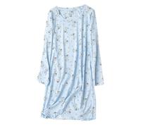 CHUNG Chemise de nuit pour femme au-dessus du genou, manches longues, col rond, vêtements de nuit en coton, motif mignon, vêtements de détente printemps été, Blue Kitty, M