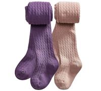 CHUNG Collants d'hiver épais en coton pour petites filles avec pieds en tricot torsadé, Lot de 2 - Violet + Rose poudré, 7 ans