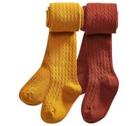 CHUNG Collants d'hiver épais en coton pour petites filles avec pieds en tricot torsadé, Moutarde + rouge rouille, 3-4 ans