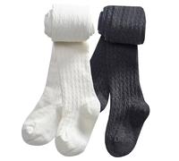 CHUNG Collants d'hiver épais en coton pour petites filles en tricot torsadé, Lot de 2 - Anthracite + blanc, 3-4 ans