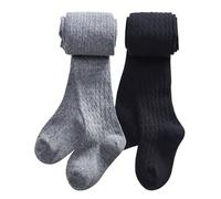 CHUNG Collants d'hiver épais en coton pour petites filles en tricot torsadé, Lot de 2 - Noir + Gris, 5-6 ans
