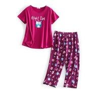 CHUNG Ensemble de Pyjama à Manches Courtes et Pantalon Capri en Coton mélangé pour Femme - Imprimé Animal Floral - Taille S à 3XL, Hibou Magenta, 3XL