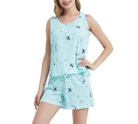 CHUNG Ensemble de Pyjama Court en Coton pour Femme avec débardeur et Short imprimé Animaux Mignons Grande Taille, Green Star, XL