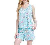 CHUNG Ensemble de Pyjama Court en Coton pour Femme avec débardeur et Short imprimé Animaux Mignons Grande Taille, Alpaga Bleu., 2XL