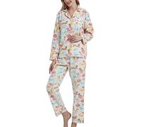 CHUNG Ensemble de pyjama en coton brossé à manches longues et pantalon boutonné en flanelle pour femme, vêtements de nuit confortables et chauds, grande taille, Chat jaune, XL
