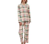 CHUNG Ensemble de pyjama en coton brossé à manches longues et pantalon boutonné en flanelle pour femme, vêtements de nuit confortables et chauds, grande taille, Vert/carreaux, S