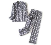 CHUNG Ensemble de pyjama en coton brossé à manches longues et pantalon boutonné en flanelle pour femme, vêtements de nuit confortables et chauds, grande taille, Chat gris., M