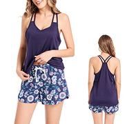 CHUNG Ensemble pyjama court pour femme avec débardeur et short imprimé pour femme - Sans manches - Bretelles spaghetti - Dos nageur, Marguerite bleu marine., Small