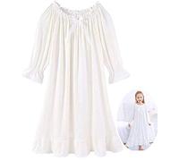Chung Little Big Girls Nuisette en Modal à Manches Longues pour Fille de 3 à 12 Ans Robe de Nuit Vintage à col Rond et carré, Crème (col Rond)., 3-4 Ans