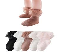 CHUNG Lot de chaussettes à volants en maille de coton pour bébé fille, 5 paires - 2 couches de dentelle, 5-7 ans