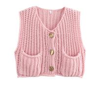 Chunky Sweater Vest Women Button Up, Knit Sweater Vest Tops Big Gold Buttons, Crochet Sleeveless Sweater, Crop Knit Cardigan (M,Pink)