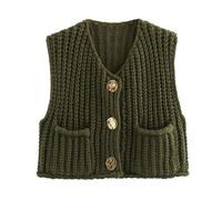 Chunky Sweater Vest Women Button Up, Knit Sweater Vest Tops Big Gold Buttons, Crochet Sleeveless Sweater, Crop Knit Cardigan (Grand,Army-Green)