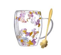CHUNLINLAODA Tasses à café en verre à motif fleurs séchées à double paroi avec poignées, cadeau pour meilleure amie, enseignante, maman, idée cadeau d'automne (violet rose)