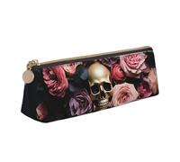 CHUNMINW Trousse à crayons triangulaire minimaliste en cuir avec motif tête de mort squelette avec imprimé floral pour voyage, travail