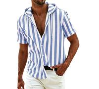 CHUNOTU Chemise rayée pour homme adulte classique à rayures verticales boutonnées à manches courtes pour le travail et les fêtes formelles, Y04-Capuche Bleu Clair, S