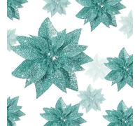 Chunyin 24 Pièces 3 Taille Décorations de Poinsettia de Noël Fleur de Sapin de Noël Fleur de Magnolia Ornement Fleur de Poinsettia Artificielle Scintillante de Noël avec Clip pour Fête (Bleu Vert)