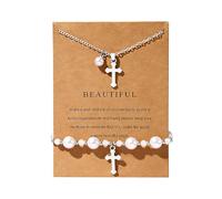 CHUOZI Ensemble collier et bracelet de première communion pour femme avec pendentif en perles blanches et breloques tendance pour confirmation, baptême, religieux, catholique, cadeau pour fille