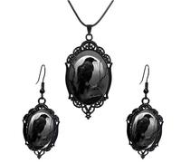 CHUOZI Ensemble de boucles d'oreilles et colliers gothiques pour femme, collier vintage en verre de cristal de style punk, corbeau, chauve-souris, sorcière, bijoux mystérieux d'Halloween (corbeau 1