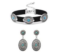 CHUOZI Parure collier et boucles d'oreilles turquoise pour femme style western bohème et boucles d'oreilles réglables en cuir ras du cou vintage cowboy cowgirl bijoux country concert accessoires