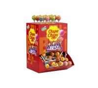 Chupa Chups - Boîte Carton 150 Sucettes à la Pulpe de Fruit + Cola et Milky The Best Of - Bâton en Papier - Idéal pour Fêtes d'Anniversaires - 1,8 Kg
